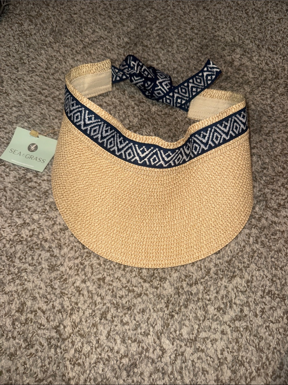 Sea + Grass Tan Straw Visor with Navy Geometric Trim